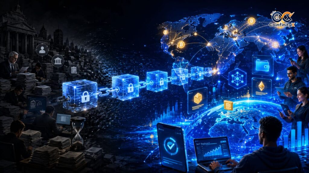 What is Blockchain illustration showing decentralized digital ledger, connected blocks, cryptocurrency, and secure peer-to-peer transactions for beginners