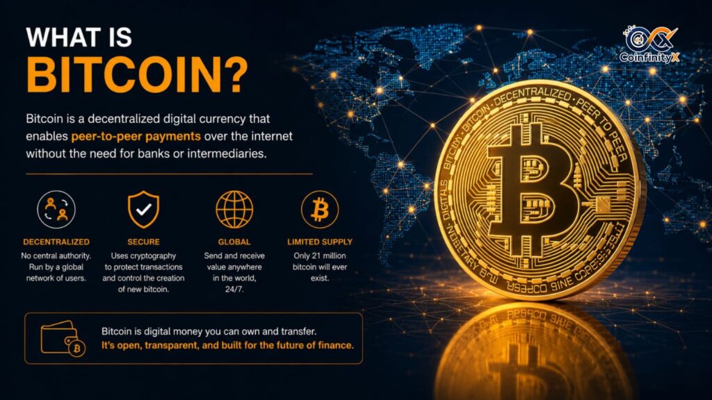 What is Bitcoin? Bitcoin infographic showing decentralized digital currency, peer-to-peer payments, blockchain security, global transactions, and the 21 million BTC supply limit.