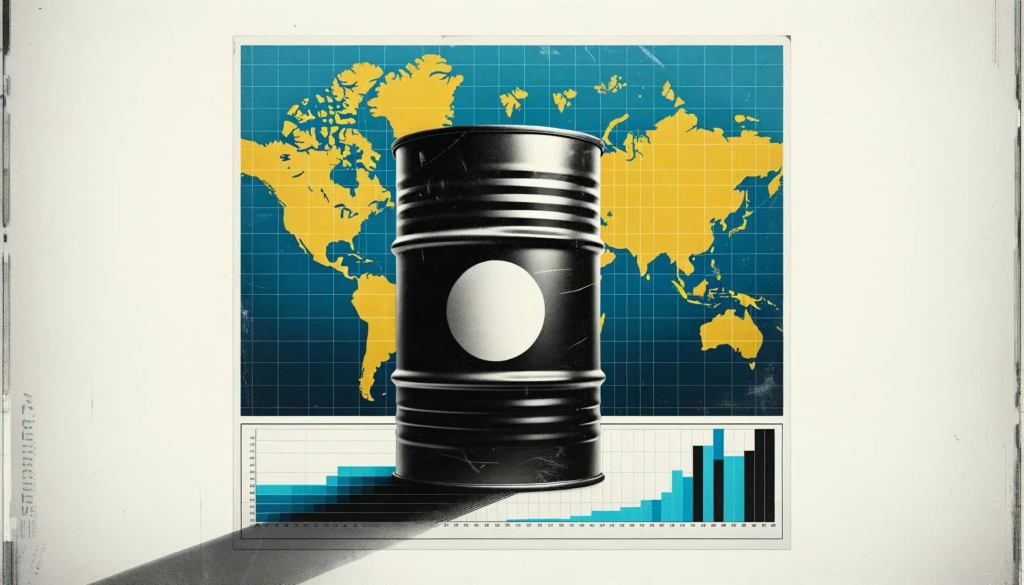 A stylized editorial image featuring an oil barrel against a world map with market charts, directly tied to Commerzbank's oil price forecasting and global market analysis. Great for a featured/header image that connects the bank's institutional perspective with global crude markets.