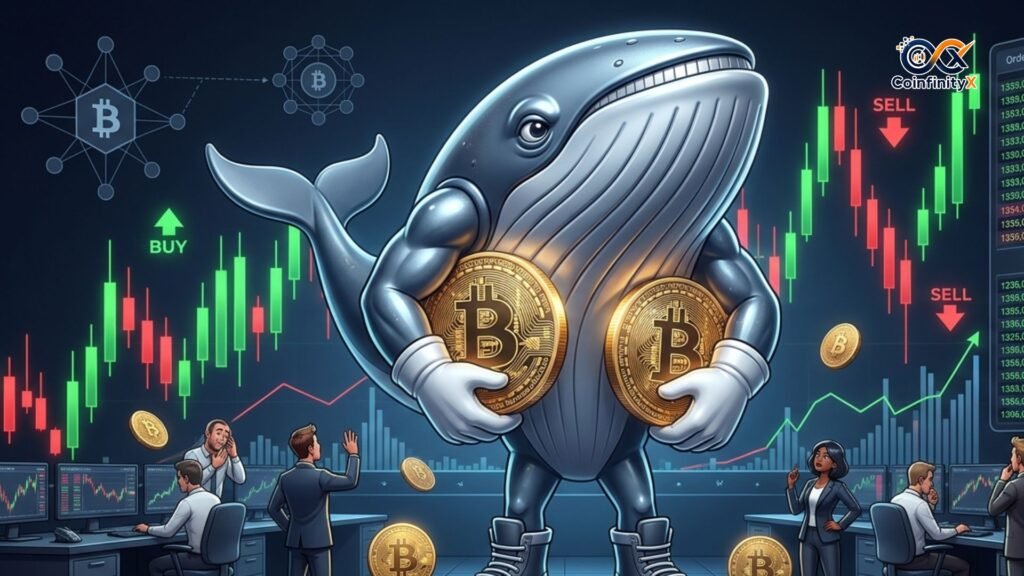 Crypto whales illustration showing a whale beside rising cryptocurrency market candles